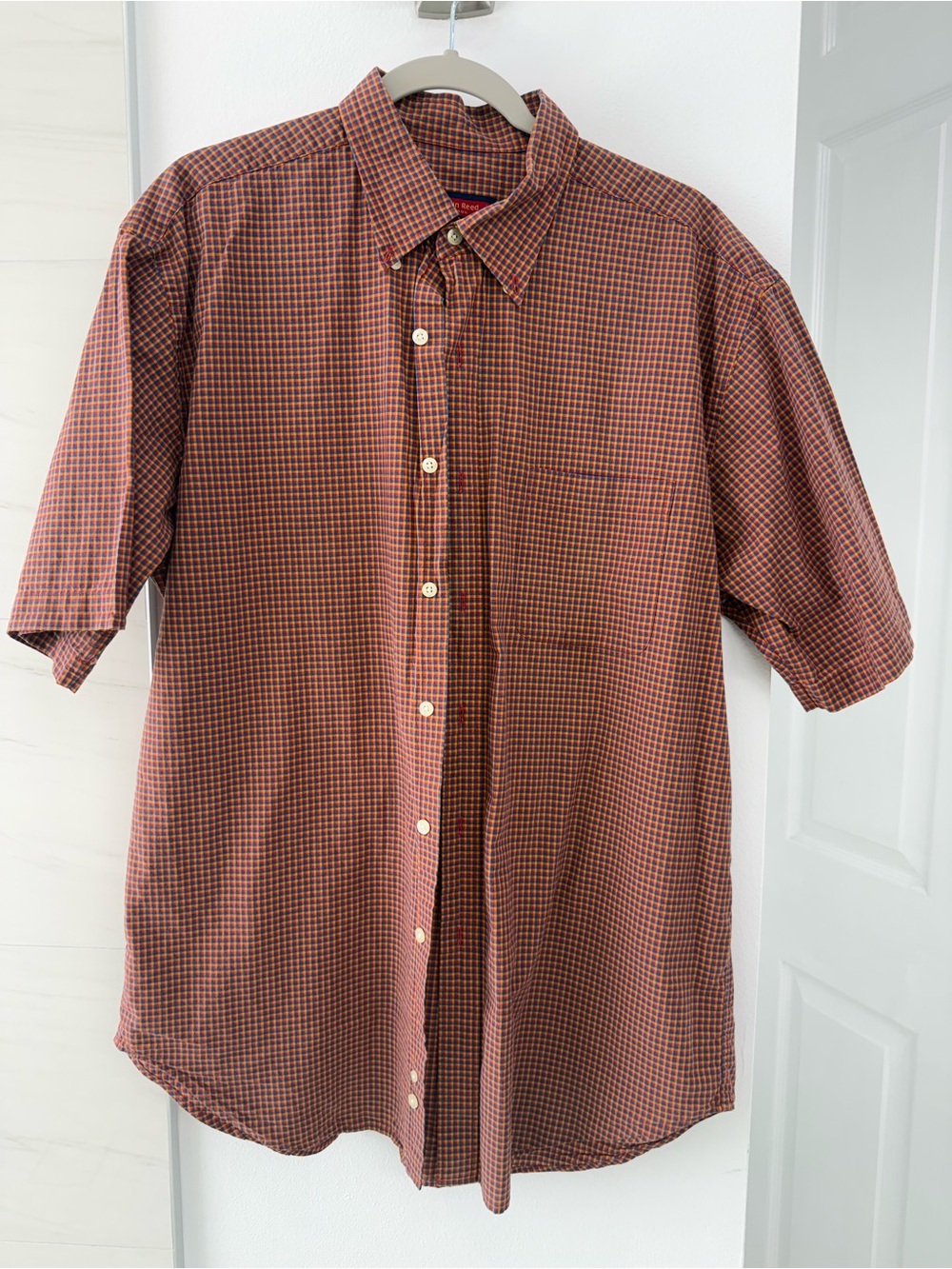 Austin Reed London Short Sleeve Button Down Dress Shirt Mens Large Red Check